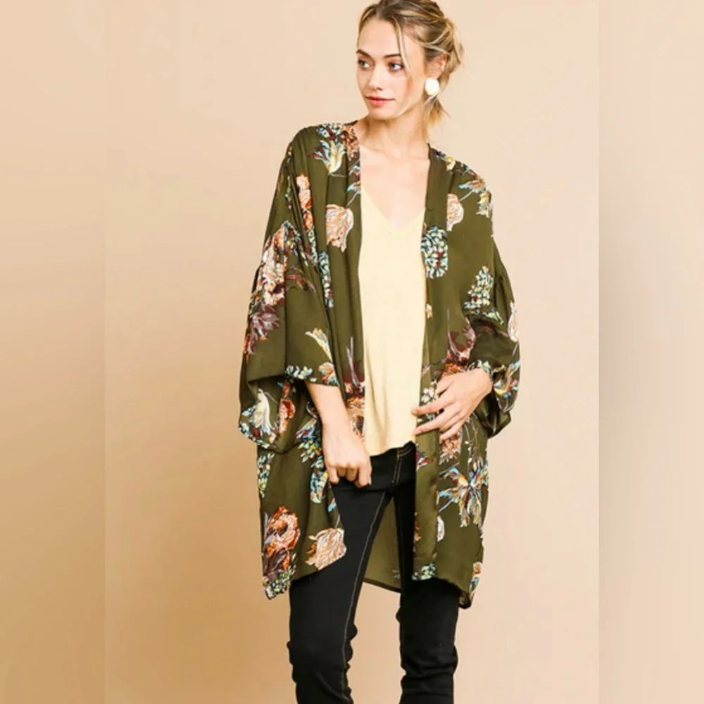 Umgee Cotton Blend Floral Kimono Open Cardigan 1XL/2XL